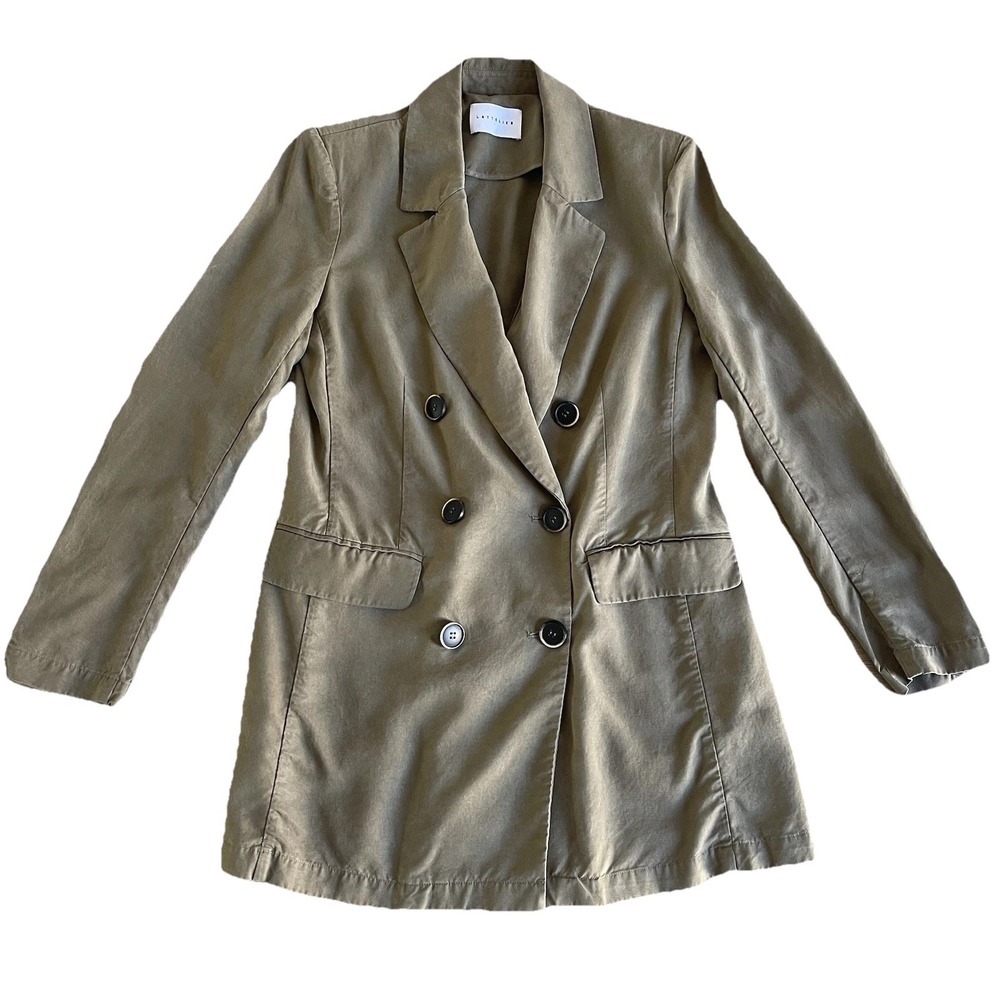 Lattelier Olive Double Breasted Linen Blazer Small Taupeโ Long Easy Care Pockets